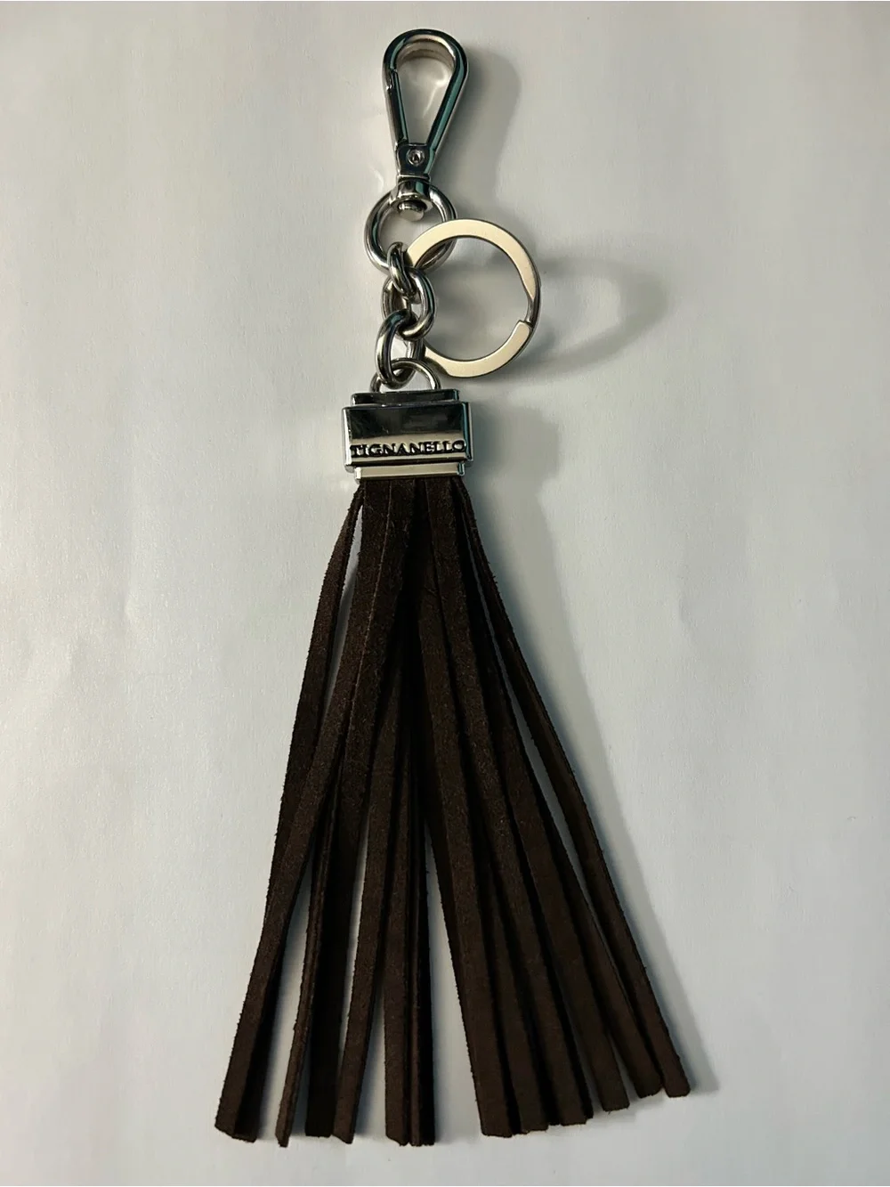 Tignanello Brown Suede Tassel Keychain & Silver Hardware